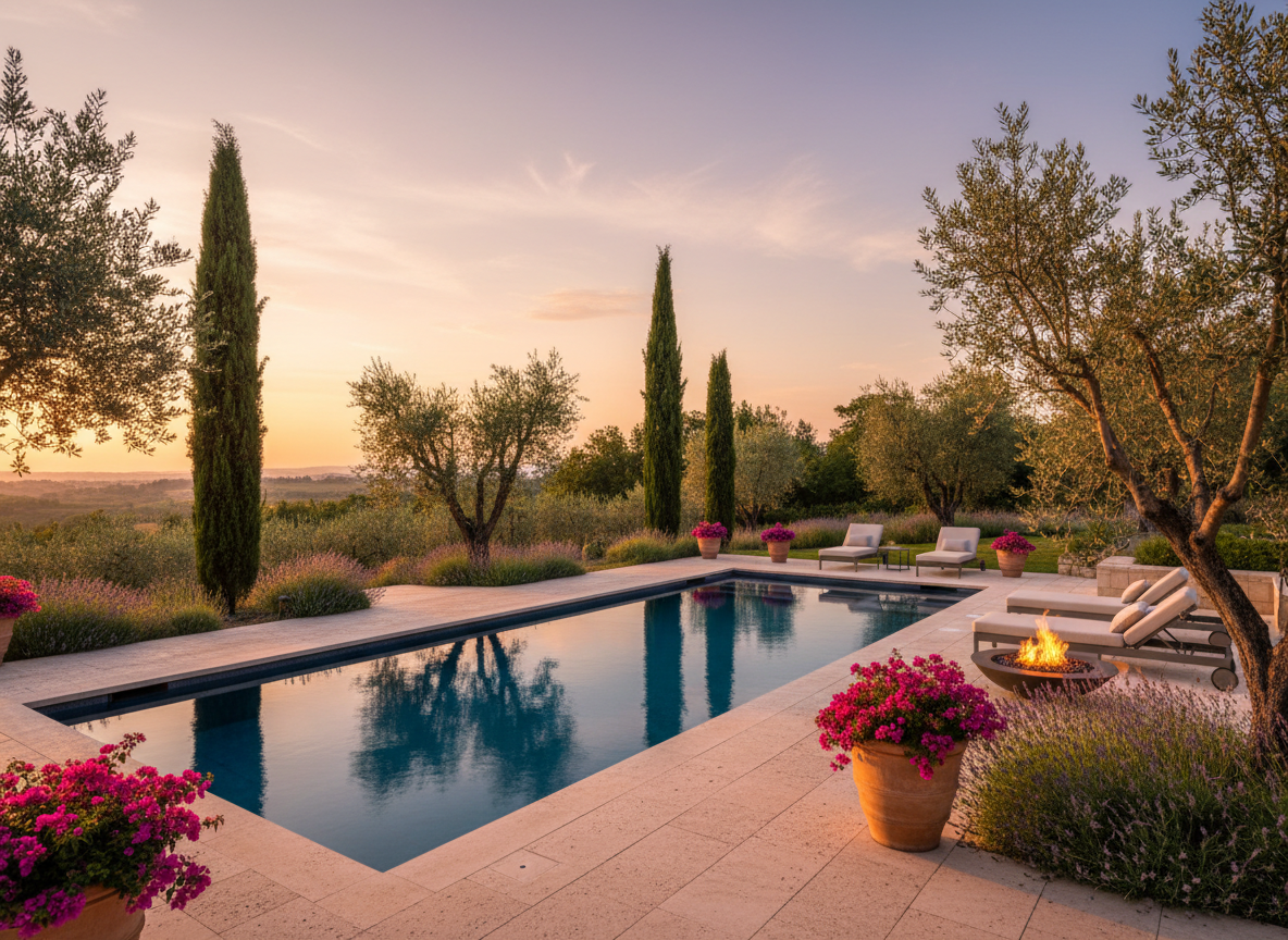 foto realistica di una piscina interrata moderna in un giardino italiano, al tramonto, stile fotografico editoriale, luce calda, atmosfera elegante e accogliente